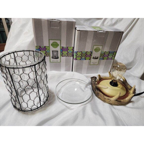 Scentsy Antler Lodge Full Size Wax Warmer Glass & Wire Shade Plug In Cabin Woods - Picture 8 of 11